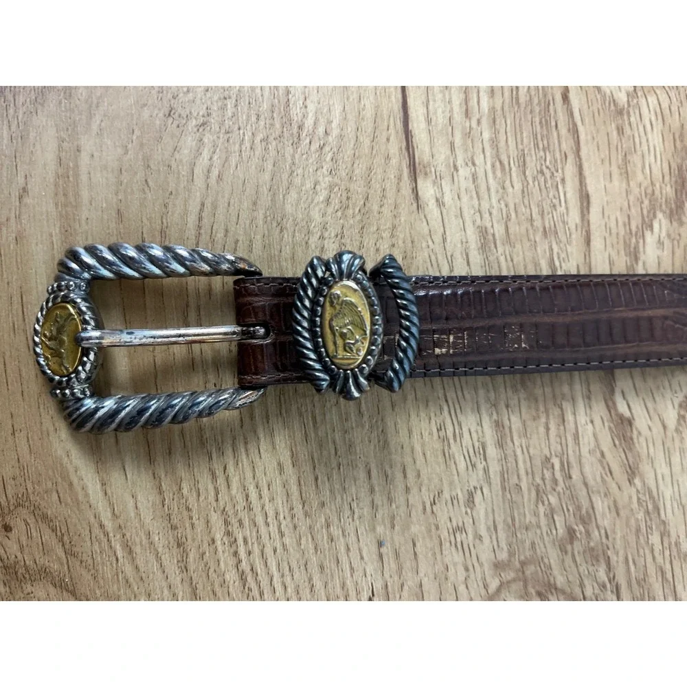 Brighton Greco-Roman Coin Medallion Belt Women S Brown Lizard Leather Vintage 95